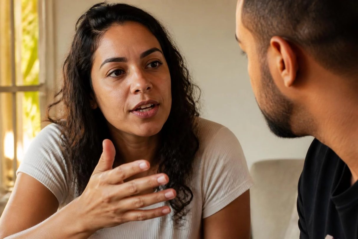 Duas participantes sentadas frente a frente numa mesa da sala do Fortaleza; a da direita rascunha a resposta que vai dar