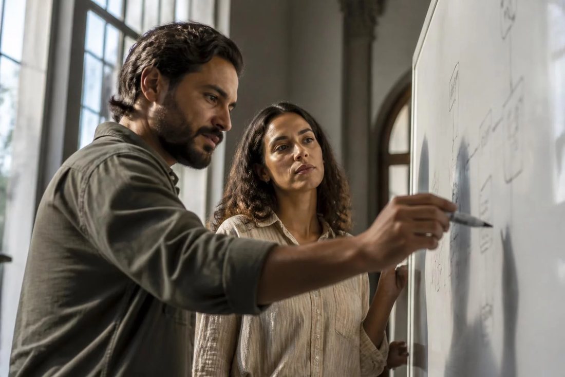 Dois alunos em pé diante do quadro branco, riscando a ordem em que o argumento será apresentado