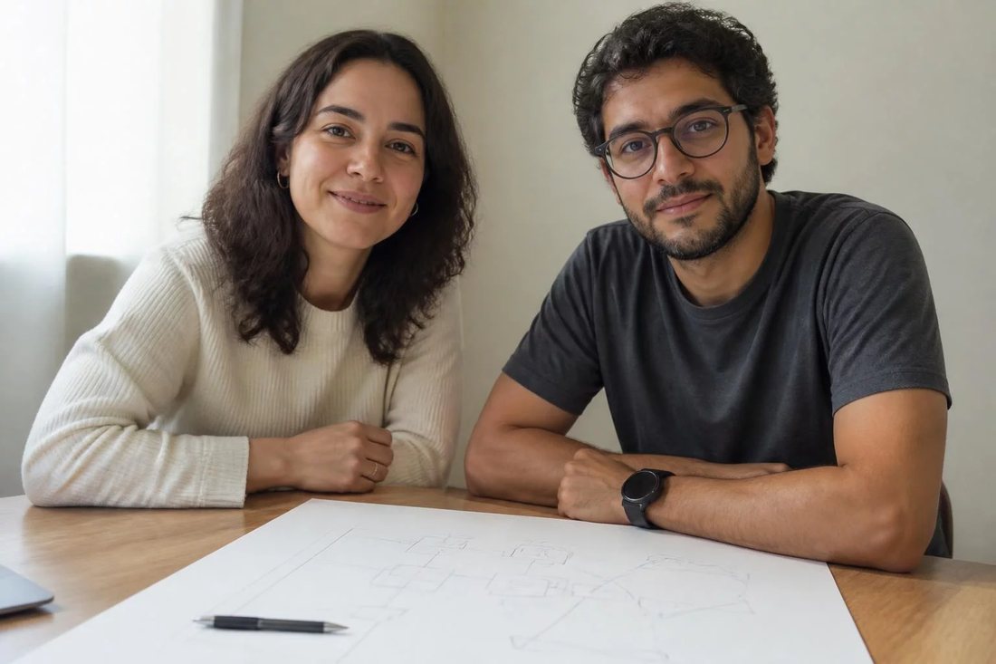 Dupla debruçada sobre um tablet apoiado na mesa de madeira, revendo as anotações da rodada anterior